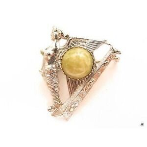 Vintage Art Deco Silver Plated Jeweled Green Cabochon Harp Angel Pin Brooch